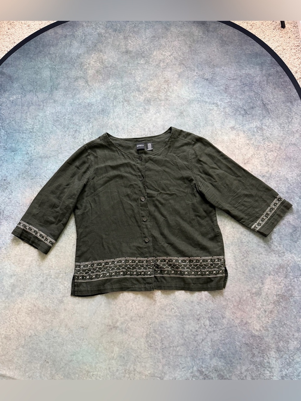 Erika Olive Green Embroidered Linen Blend Button-Front Top